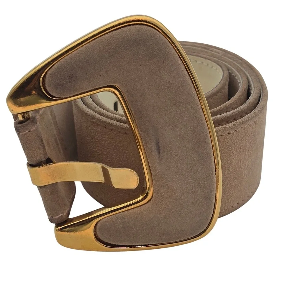 Vintage 80s Escada‎ Suede Belt Sz 36 Made Western Germany Gold Buckle Taupe